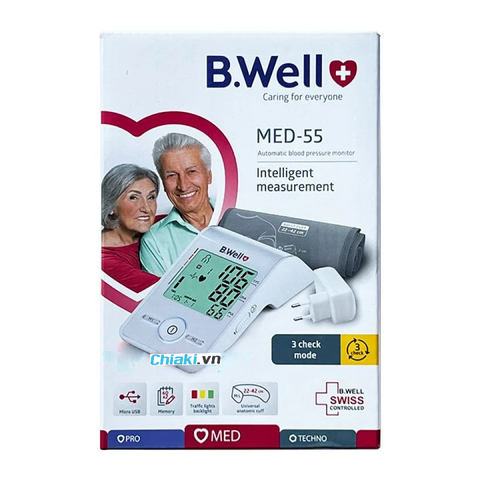 Máy Đo Huyết Áp Bắp Tay B.Well Swiss MED-55 - Công Nghệ 3-Check Chính Xác, Màn Hình LCD lớn, Bộ Nhớ 60 Kết Quả, Đo Nhịp Tim Tiện Lợi