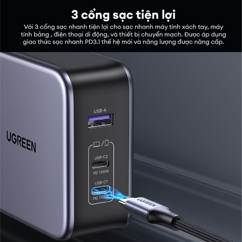 Củ Sạc Nhanh 3 Cổng Ugreen Nexode GaN 140W CD289 - Sạc Đa Năng Cho Laptop & Điện Thoại Với Công Nghệ PD 3.1 và GaN II