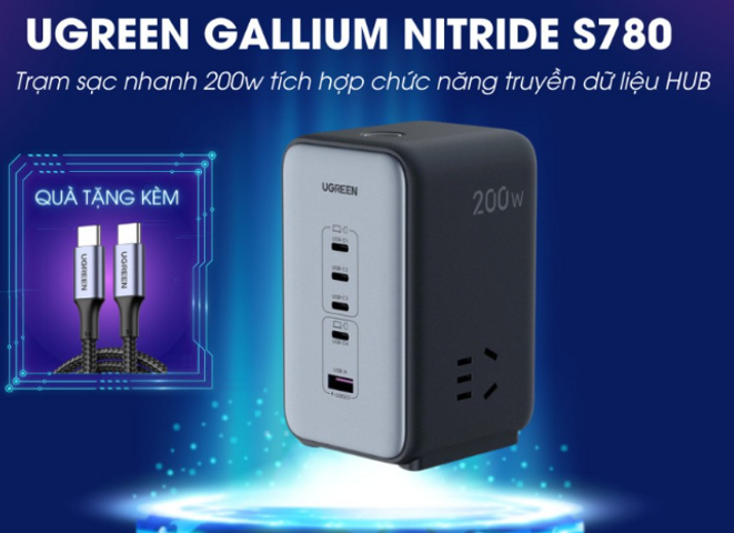 Trạm Sạc Nhanh 7in1 Ugreen GaN Power Strip 200W - Sạc Đa Năng 5 Thiết Bị Đồng Thời, 2 Ổ Cắm AC Tiện Lợi