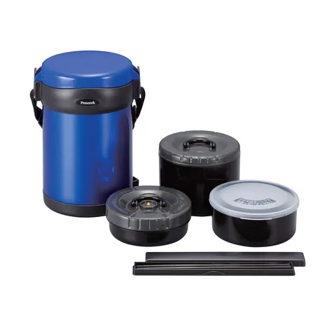 Bộ Hộp Cơm Giữ Nhiệt Peacock ARL-18, Inox SUS304 Chống Gỉ, Dung Tích 1.8L, 3 Ngăn Nhỏ Có Nắp, Hộp Đũa Tiện Lợi