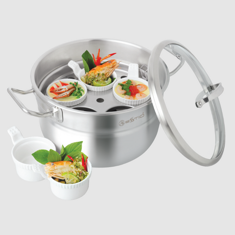 Bộ Nồi Xửng Inox Zebra Estio 163749 3 Đáy 24cm Nắp Kính + 5 Chén Sứ - Chất Liệu Inox 304 Bền Bỉ, An Toàn Cho Sức Khỏe