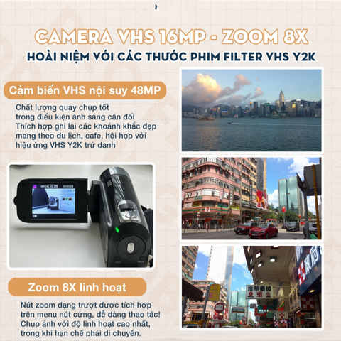 Máy Quay Chụp Kỹ Thuật Số VHS 16MP Vintage - Digital Handy Camera HD, Ống Kính Góc Rộng, Phong Cách Y2K, Quay Phim Chất Lượng Cao