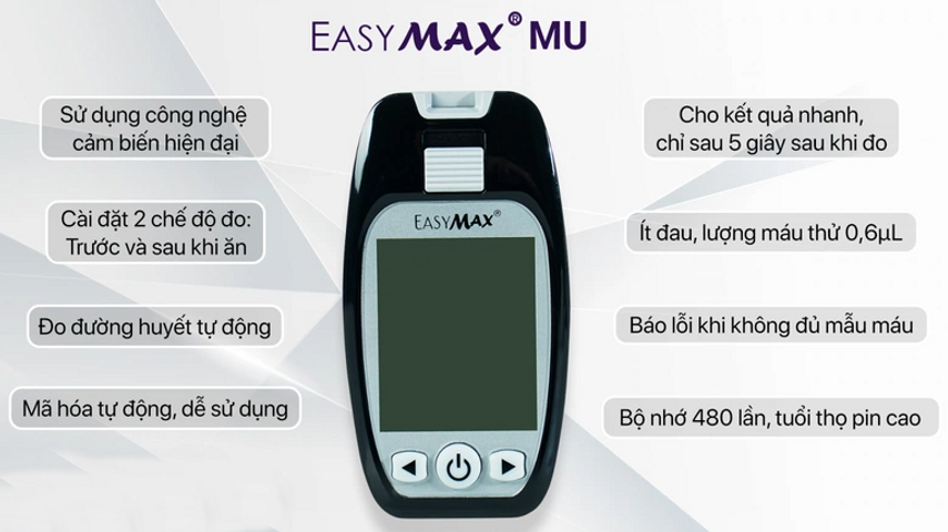 Máy đo đường huyết EasyMax MU - Thiết bị đo nhanh, chính xác chỉ sau 5 giây, cảm biến điện hóa sinh cho người tiểu đường