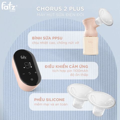 Máy Hút Sữa Điện Đôi Fatzbaby Chorus 2 Plus FB1184MX - 9 Cấp Độ Hút, Điều Khiển LED, Phễu Silicon Mềm Dẻo, An Toàn Cho Mẹ Và Bé