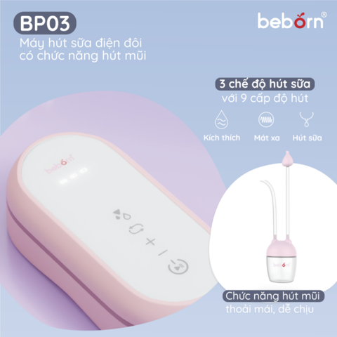 Máy Hút Sữa Điện Đôi Beborn BP03 - 2in1 Thông Minh Kèm Hút Mũi, Tiện Lợi Cho Mẹ Và Bé, Công Nghệ Hiện Đại, Dễ Dàng Sử Dụng