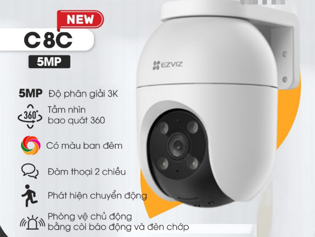 Camera Wifi 360 độ Ezviz C8C 3K 5MP - Đàm Thoại 2 Chiều, Báo Động, Quan Sát Ban Đêm Siêu Sắc Nét, Chống Nước IP65