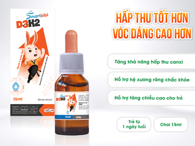 Siro Smartbibi D3K2 15ml - Hỗ Trợ Hấp Thụ Canxi, Bổ Sung Vitamin D3 & K2 Cho Trẻ Em, Cải Thiện Còi Xương & Phát Triển Chiều Cao