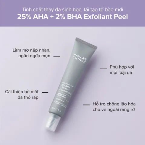 Tinh chất thay da sinh học Paula's Choice 25% AHA + 2% BHA Exfoliant Peel - Chăm sóc da, làm sạch sâu, cải thiện bề mặt da mịn màng, căng bóng