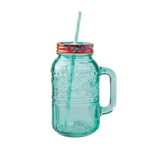 Cốc Thủy Tinh Vintage The Pioneer Woman Cassie 950ml - Mason Jar Tumbler Có Nắp Đậy & Ống Hút - Phong Cách Retro Chic