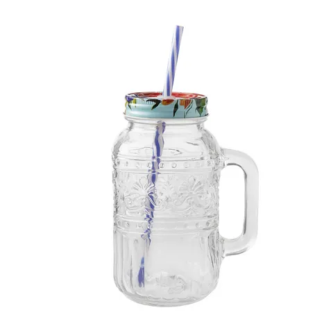 Cốc Thủy Tinh Vintage The Pioneer Woman Cassie 950ml - Mason Jar Tumbler Có Nắp Đậy & Ống Hút - Phong Cách Retro Chic
