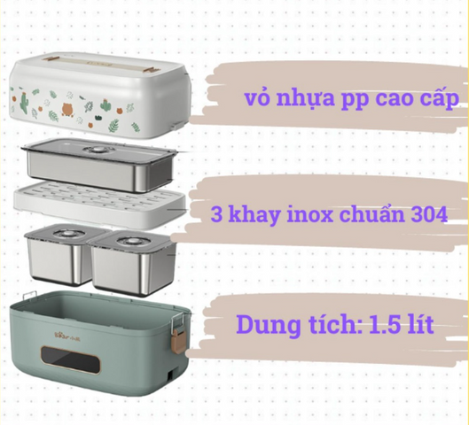 Hộp cơm giữ nhiệt cắm điện 2 tầng Bear DFH-B15Q1 - Thiết bị gia dụng thông minh với 3 khay inox, hẹn giờ nấu tiện lợi