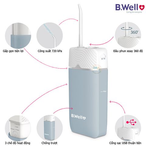 Máy tăm nước B.Well Swiss Pro-913 - Thiết bị vệ sinh răng miệng cầm tay, hỗ trợ hiệu quả, nhỏ gọn, đa chế độ sạc USB tiện lợi.