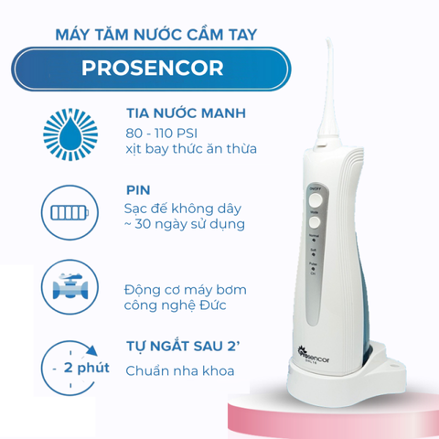Máy Tăm Nước Cầm Tay Prosencor DHL16 - 5 Đầu Vòi, Thiết Kế Nhỏ Gọn, Phun 360° Cho Răng Miệng Sạch Sẽ, Pin Siêu Bền