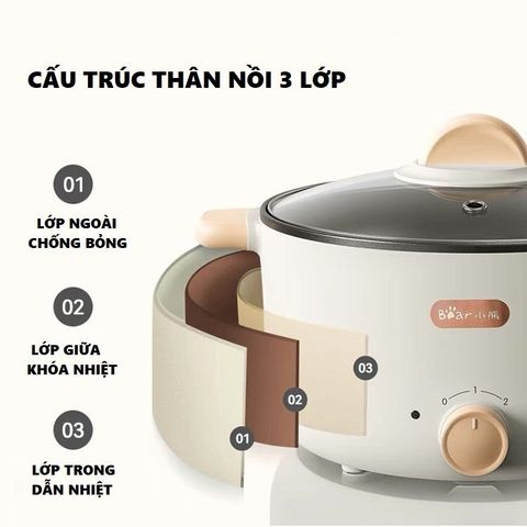 Nồi điện đa năng Bear DRG-D30T3 800W - Nấu Lẩu, Chiên, Xào, Luộc - Dung tích 3L, 2 Mức Nhiệt Điều Chỉnh, Lớp Chống Dính Cao Cấp