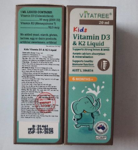 Vitatree Kids Vitamin D3 & K2 Liquid - Hỗ Trợ Hấp Thụ Canxi Cho Trẻ - Bổ Sung Vitamin D3 K2 Giúp Phát Triển Chiều Cao 20ml