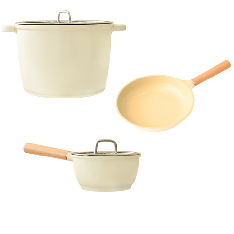 Bộ Nồi, Chảo, Quánh Haatz Phủ Gốm Chống Dính - Chất Liệu Nhôm Cao Cấp - Dẫn Nhiệt Nhanh, Dễ Dàng Vệ Sinh, Màu Kem Trang Nhã