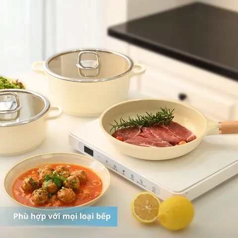 Bộ Nồi, Chảo, Quánh Haatz Phủ Gốm Chống Dính - Chất Liệu Nhôm Cao Cấp - Dẫn Nhiệt Nhanh, Dễ Dàng Vệ Sinh, Màu Kem Trang Nhã