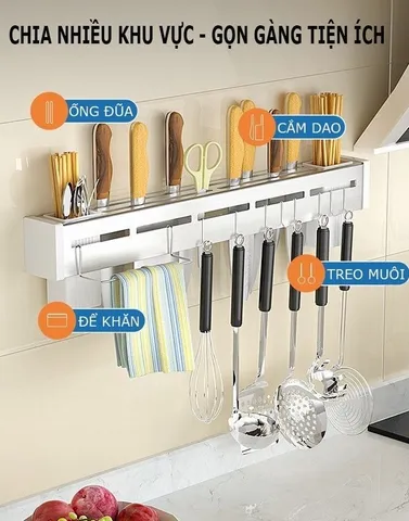 Kệ treo dao kéo và thìa dán tường kèm móc, thiết kế thông minh bằng thép bền, tiết kiệm không gian cho bếp sạch sẽ và gọn gàng.