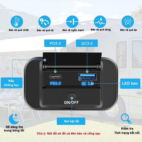 Ổ Cắm Sạc Nhanh 2 Cổng Type C & USB PD QC - Gắn Trên Xe Máy, Ô Tô, Tàu Thuyền - Thích Hợp Cho Android & iOS