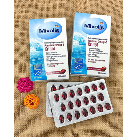 Viên uống dầu nhuyễn thể Mivolis Premium Omega-3 Krill Oil - Hỗ trợ sức khỏe tim mạch, tăng cường trí nhớ, dễ uống, hộp 60 viên