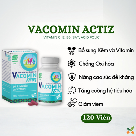 Viên uống Vacomin ActiZ - Bổ sung Kẽm & Vitamin C, E, B1 cho Người Lớn & Phụ Nữ Mang Thai - Hỗ Trợ Tăng Đề Kháng & Tiêu Hóa