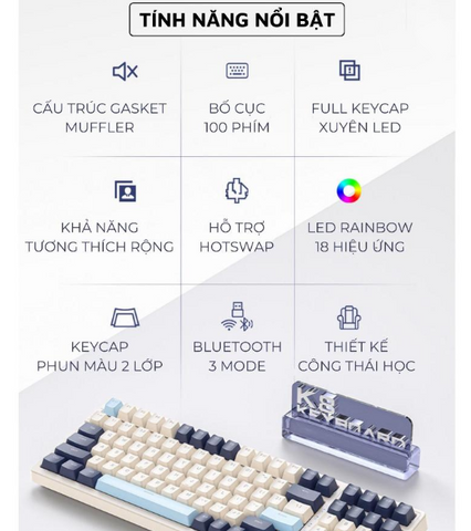 Bàn phím cơ Bluetooth K8BT Hotswap Red Switch LED Gaming - Kết nối USB 2.4Ghz và Type C, Thiết kế nhỏ gọn, 18 chế độ LED đẹp mắt