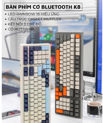 Bàn phím cơ Bluetooth K8BT Hotswap Red Switch LED Gaming - Kết nối USB 2.4Ghz và Type C, Thiết kế nhỏ gọn, 18 chế độ LED đẹp mắt