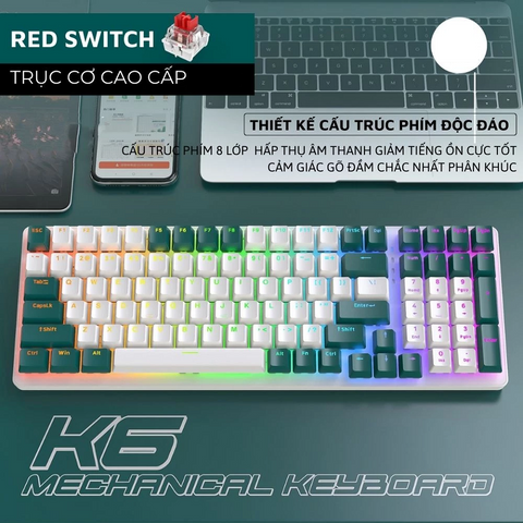 Bàn Phím Cơ Không Dây K6BT - Red Switch LED Đổi Màu, Thiết Kế 98% Bền Đẹp, Pin 5000mAh, Thao Tác Mượt Mà cho Game Thủ