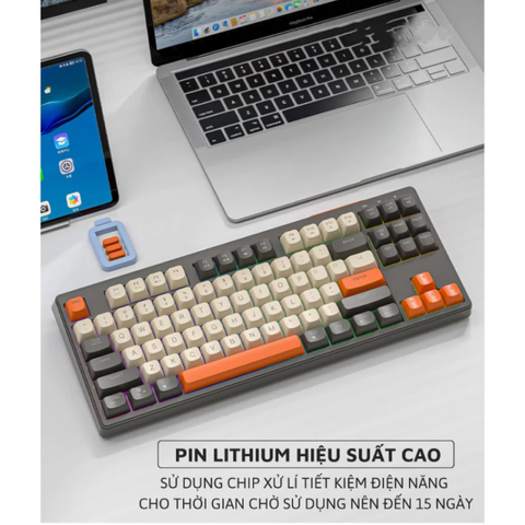 Bàn phím giả cơ không dây Bluetooth M87 LED Rainbow - Bàn phím cơ chất lượng cao với 7 màu ánh sáng, kết nối linh hoạt cho máy tính và điện thoại.