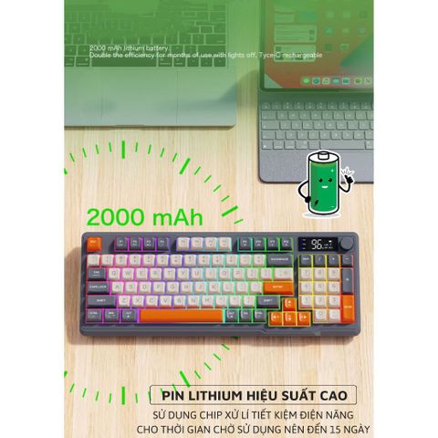 Bộ Bàn Phím và Chuột Không Dây M96 - LED 7 Màu, Phím PBT, 2 Chế Độ, Màn Hình Hiển Thị - Phụ Kiện Máy Tính Cao Cấp