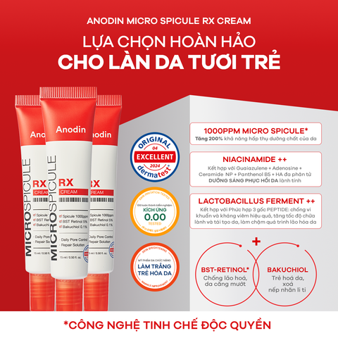 Kem vi gai Retinol 5% Anodin Micro Spicule RX Cream - Dưỡng da trẻ hóa, trị mụn, chống lão hóa 15ml
