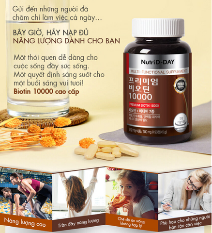 Viên uống Nutri D-Day Premium Biotin 10000 – Hỗ trợ tăng cường sức khỏe tóc, móng và năng lượng, 90 viên bổ sung biotin và vitamin cần thiết.