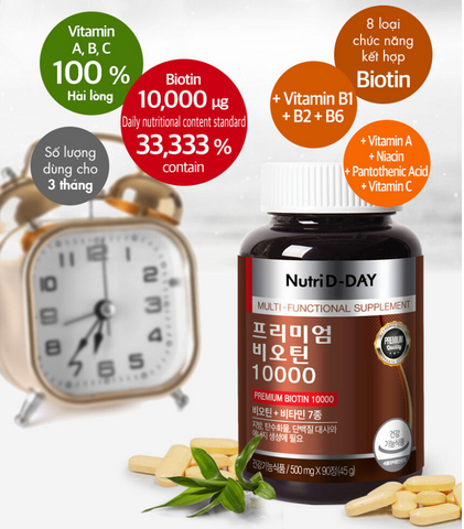 Viên uống Nutri D-Day Premium Biotin 10000 – Hỗ trợ tăng cường sức khỏe tóc, móng và năng lượng, 90 viên bổ sung biotin và vitamin cần thiết.