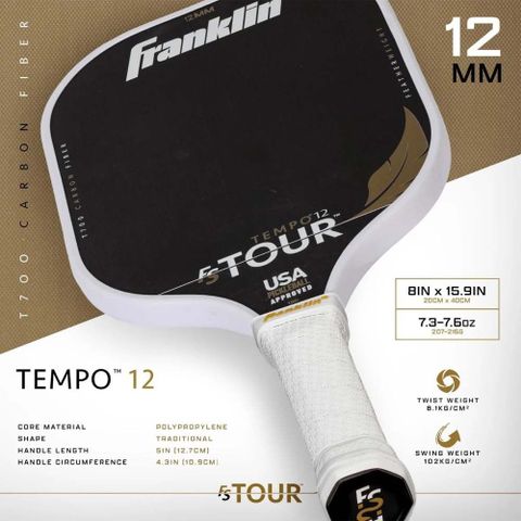 Vợt Pickleball Franklin FS Tour Featherweight 12mm - Siêu nhẹ, Chất liệu Carbon T700, Công nghệ Độc quyền, Phù hợp cho Người Chơi Nghề Nghiệp