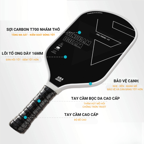 Vợt Pickleball Sinsham Carbon T700 16mm - Độ Bền Cao, Thiết Kế Năng Động, Hoàn Hảo Cho Những Cú Đánh Chính Xác