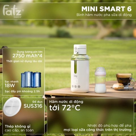 Bình Hâm Nước Pha Sữa Di Động Fatzbaby Mini Smart 6 FB3820FD - Thiết Kế Nhỏ Gọn, An Toàn, Đun Nước Nhanh, Tuyệt Vời Cho Gia Đình Khi Đi Ngoài
