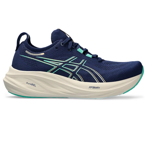 Giày chạy bộ nữ Asics Gel-Nimbus 26 - Giày pickleball năng động, thoáng khí, màu xanh than và xanh mint, chống trơn trượt, êm ái