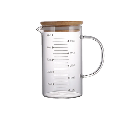 Ly thủy tinh chia vạch đo lường nắp gỗ tre có quai 500ml