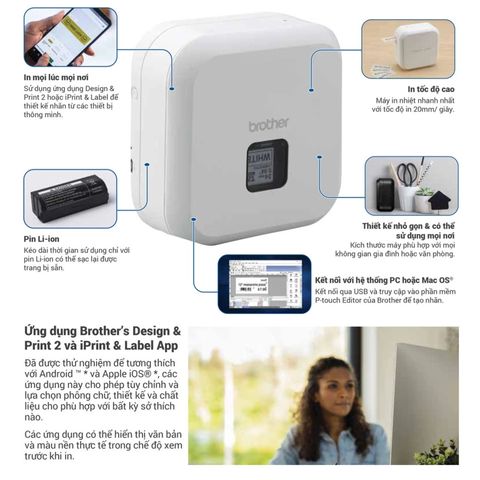 Máy In Nhãn Di Động Brother P-Touch Cube PT-P710BT - In Nhiệt Tốc Độ Cao, Kết Nối Bluetooth, Thiết Kế Nhãn Tùy Chỉnh, Quà Tặng Hữu Ích