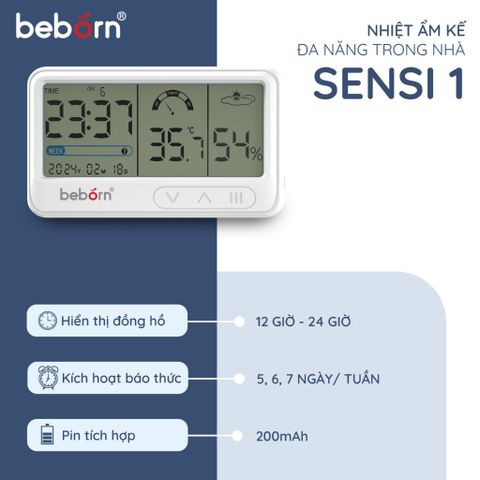 Nhiệt Ẩm Kế Điện Tử Đa Năng Có Báo Thức Beborn Sensi 1 DT01HJ - Theo Dõi Nhiệt Độ & Độ Ẩm Chính Xác, Thiết Kế Sang Trọng, Thích Hợp Cho Mọi Không Gian