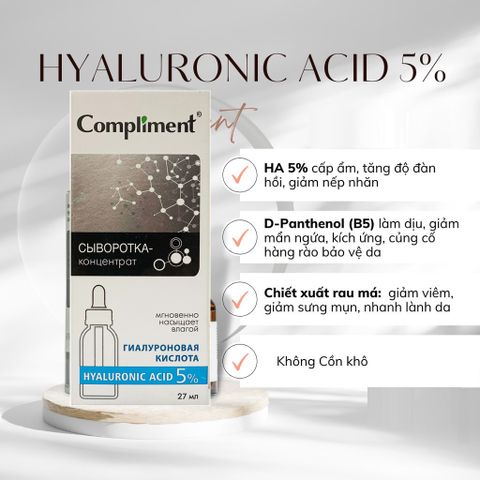 Serum Compliment Hyaluronic Acid 5% 27ml - Cấp ẩm cho da, phục hồi tổn thương, giảm nếp nhăn, cải thiện độ đàn hồi da nhạy cảm