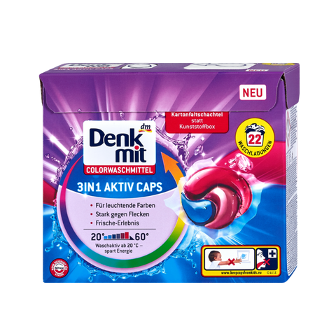 Viên giặt xả màu Denkmit 3in1 Aktiv Caps - Giặt sạch, xả cực bền màu và khử khuẩn, 22 viên tiện lợi cho quần áo thơm mát
