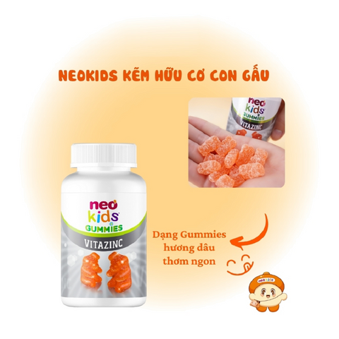 Viên nhai bổ sung kẽm hữu cơ cho bé Neo Kids Gummies Vitazinc - Tăng sức đề kháng, hỗ trợ trẻ ăn ngon, vị dâu thơm ngon, 60 viên
