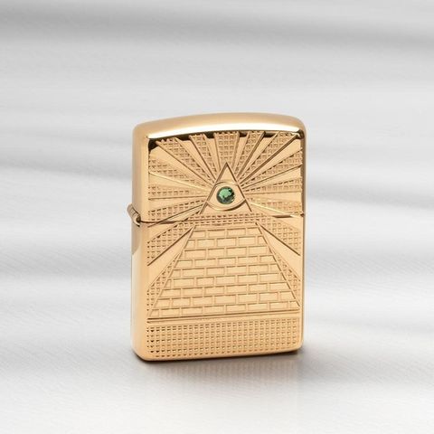 Bật Lửa Zippo 49060 Armor Thiết Kế Biểu Tượng Kim Tự Tháp Ai Cập - Vỏ Đồng Vàng Bóng, Viền Pha Lê Swarovski, Quà Tặng Độc Đáo