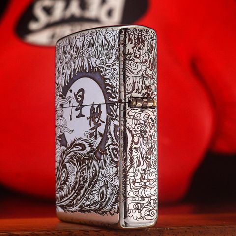 Bật Lửa Zippo Mạ Chrome Đen Khắc Phượng Hoàng - Bật Lửa Xăng Chính Hãng Mỹ, Âm Thanh 