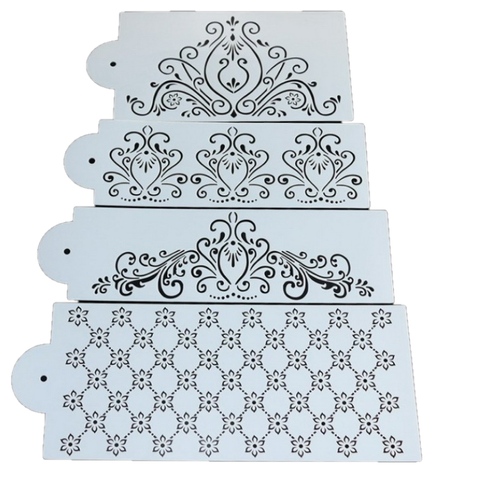 Bộ 4 khuôn rắc bột Stencil trang trí bánh, viền rau câu hoa văn - 1086