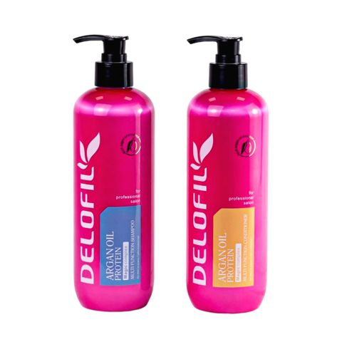 Bộ Gội Xả Phục Hồi Dàn Đa Năng Delofil 500ml - Chăm Sóc Tóc Mềm Mượt, Chắc Khỏe Với Collagen, Protein, Dầu Argan