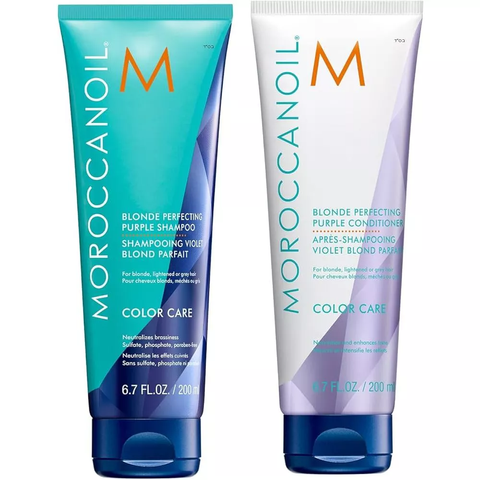 Bộ Gội Xả Tím Khử Vàng Moroccanoil Blonde Perfecting Purple 400ml - Giúp Duy Trì Màu Nhuộm Tóc Sáng, Chống Ngả Màu Đồng