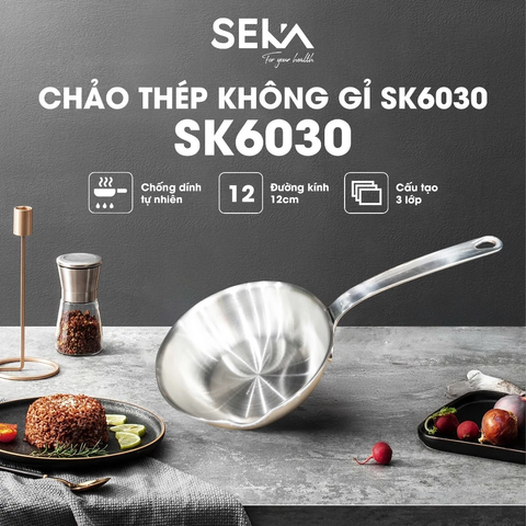 Chảo Inox 3 Đáy Seka 12cm - Chảo Bếp Từ Cao Cấp, Dễ Dàng Vệ Sinh, Phù Hợp Mọi Loại Bếp