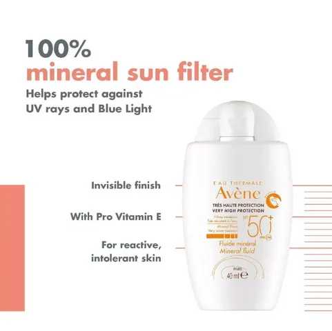 Kem Chống Nắng Vật Lý Avène Mineral Fluid SPF50+ Cho Da Nhạy Cảm - Không Hương Liệu, Thẩm Thấu Nhanh, Ngăn Ngừa Đốm Nâu